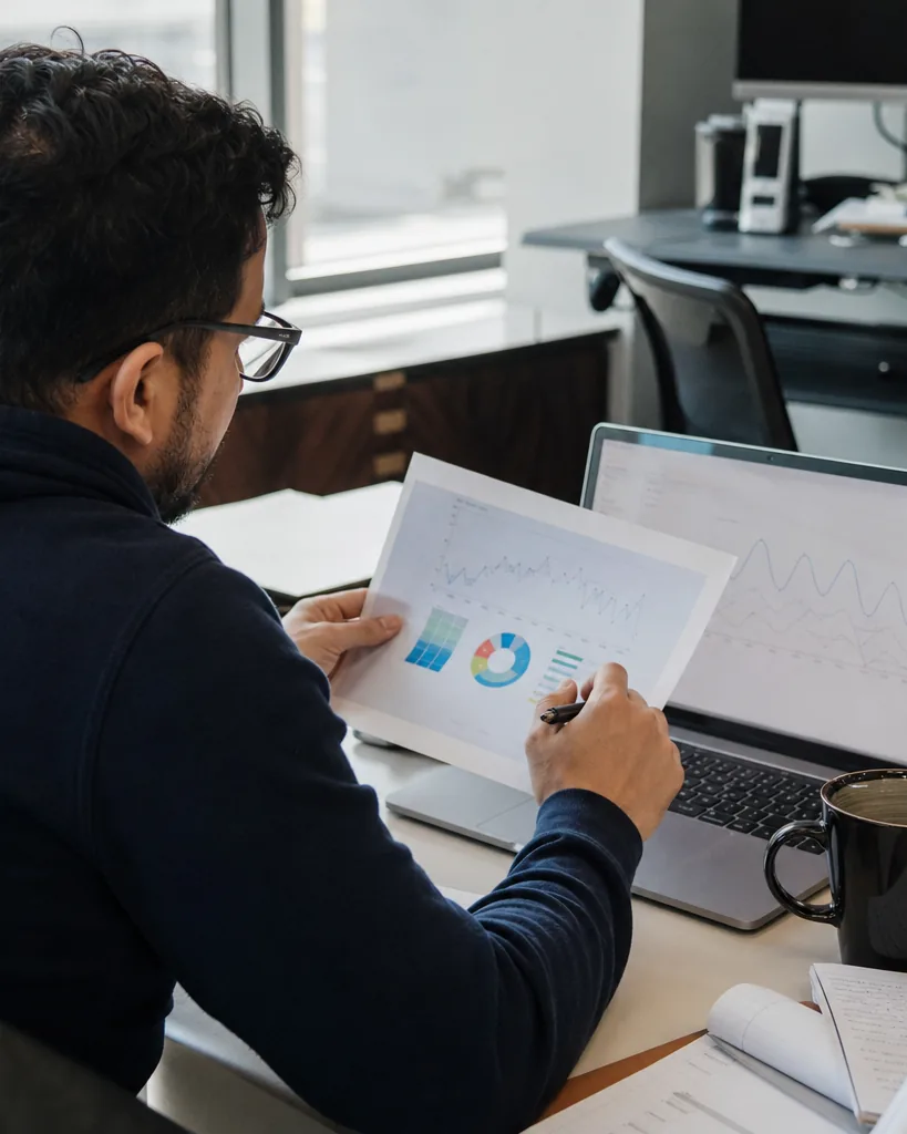 Cloud engineer reviewing a printed monthly cloud bill next to a laptop