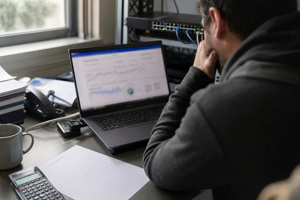 IT office desk with a laptop, a printed monitoring software quote and a calculator