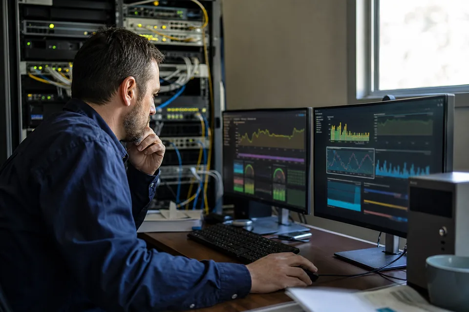 Network administrator comparing two monitoring dashboards in a small server room