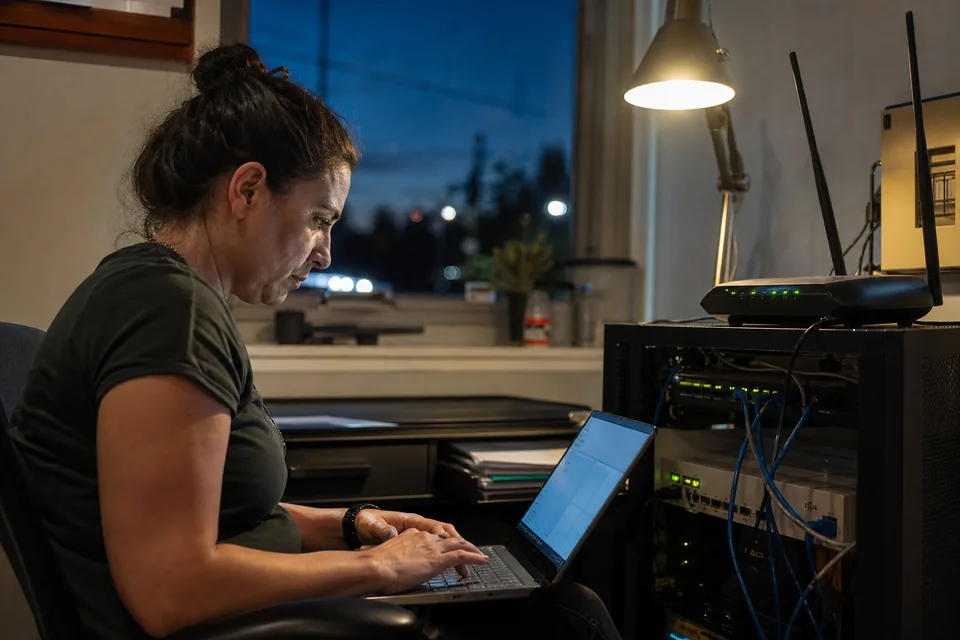 IT manager checking a branch office network cabinet from a laptop