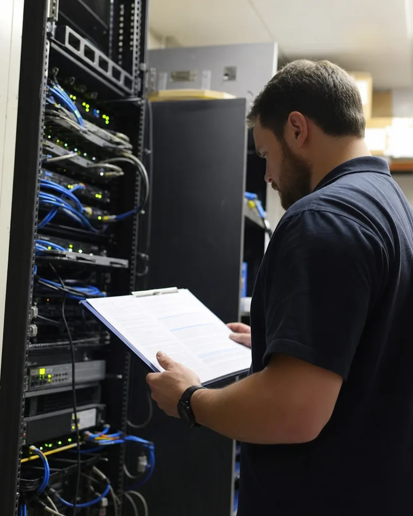 Network administrator comparing two printed renewal quotes beside a rack of network switches