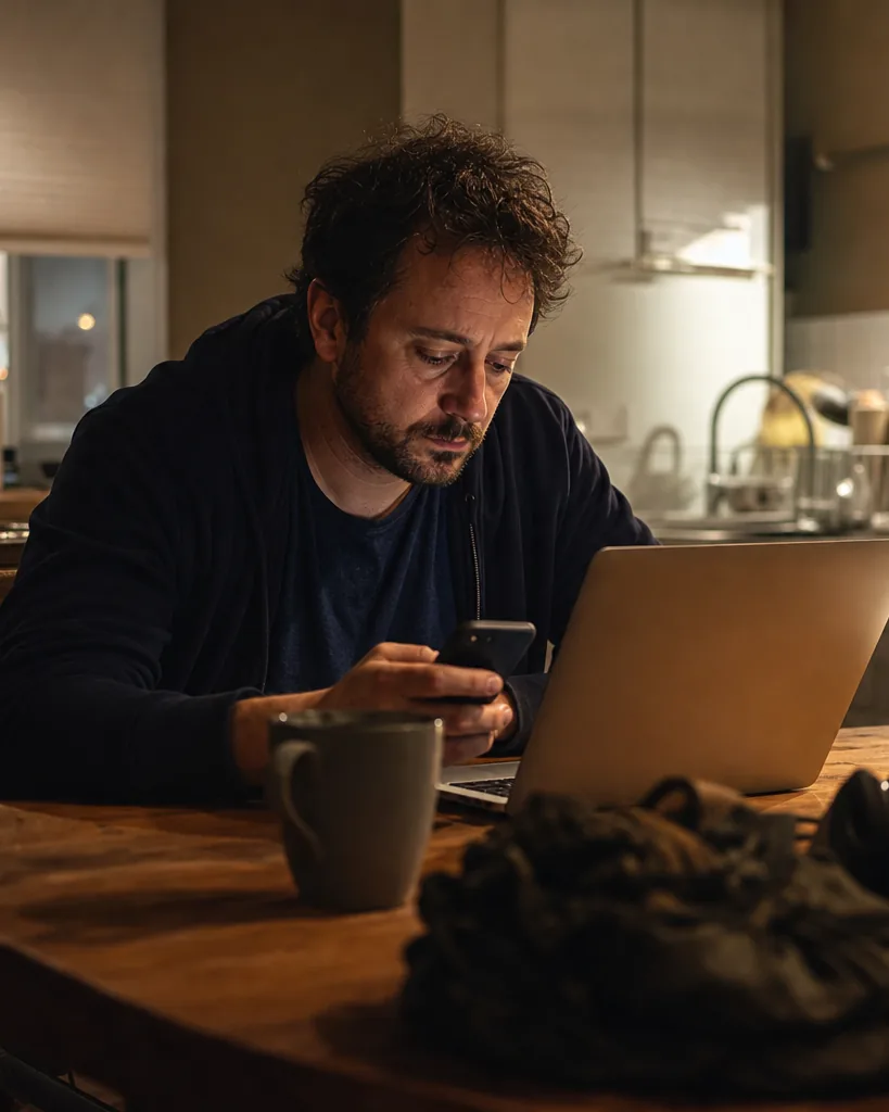 On-call engineer at home at night answering a page on a phone next to an open laptop