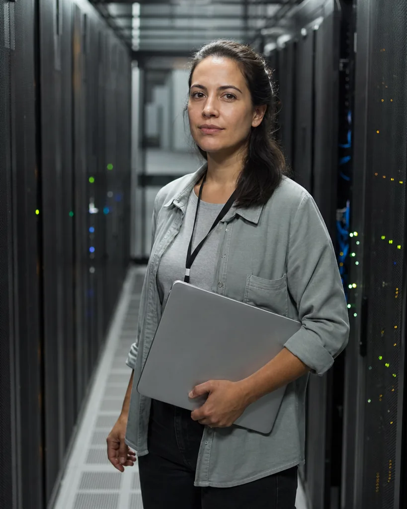 Network engineer standing between server racks in a data center