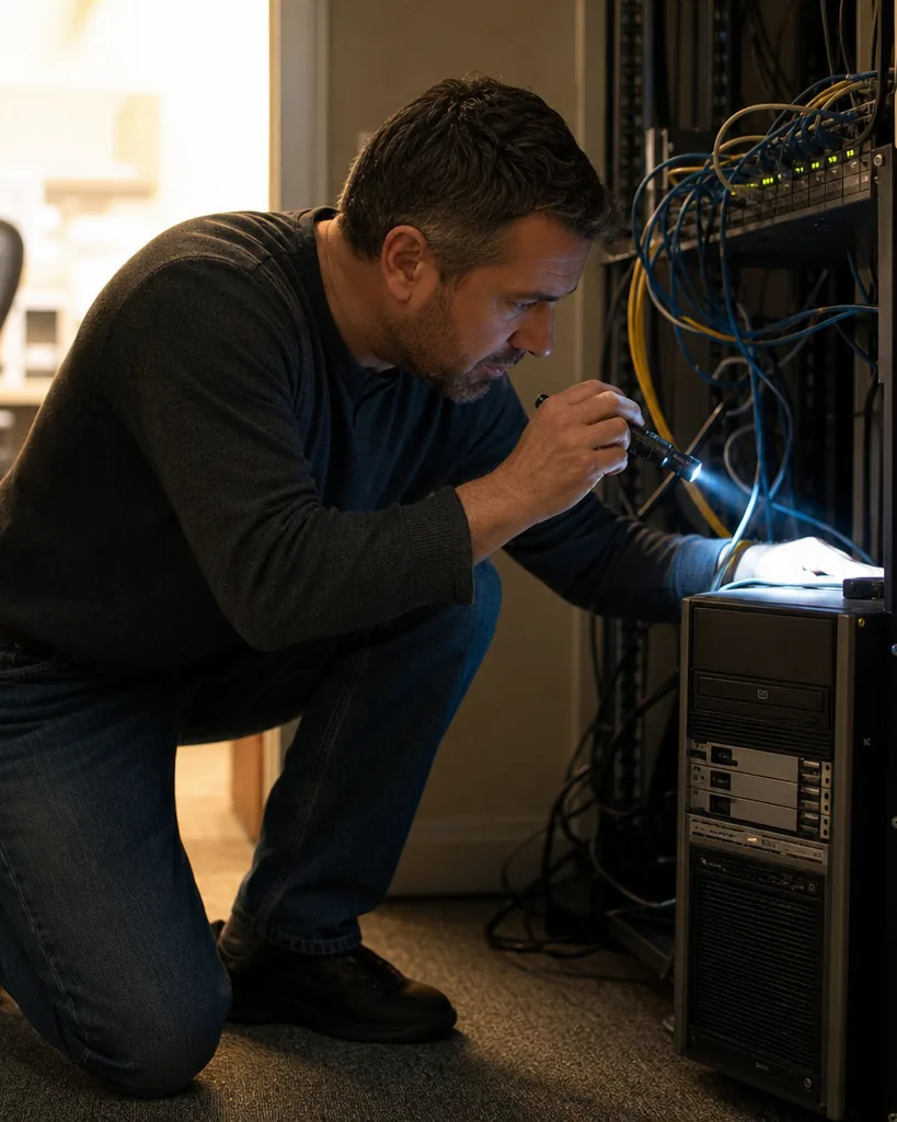 IT administrator checking network cables beside a server rack in a small office closet